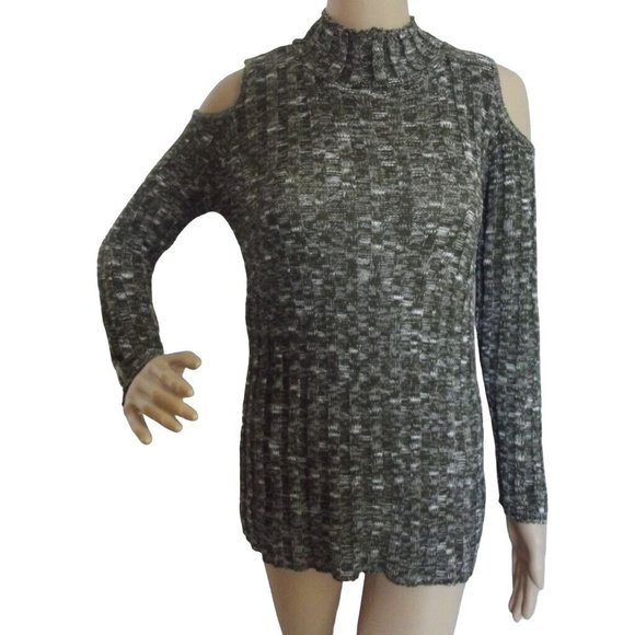 Knit Minded Small Green & White Marled Long Sleeve Cold Shoulder Sweater - Picture 1 of 7
